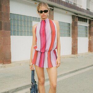 Veloria Halterneck Mini Dress in Pink Sheer Chiffon Painted Stripe